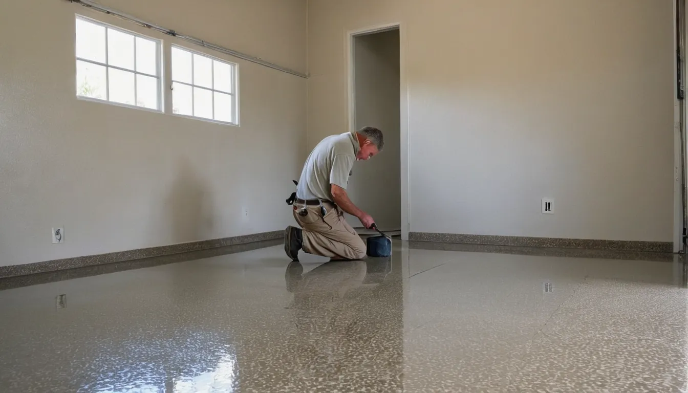 Epoxy garage floor with decorative flakes in a stucco home near Danville
