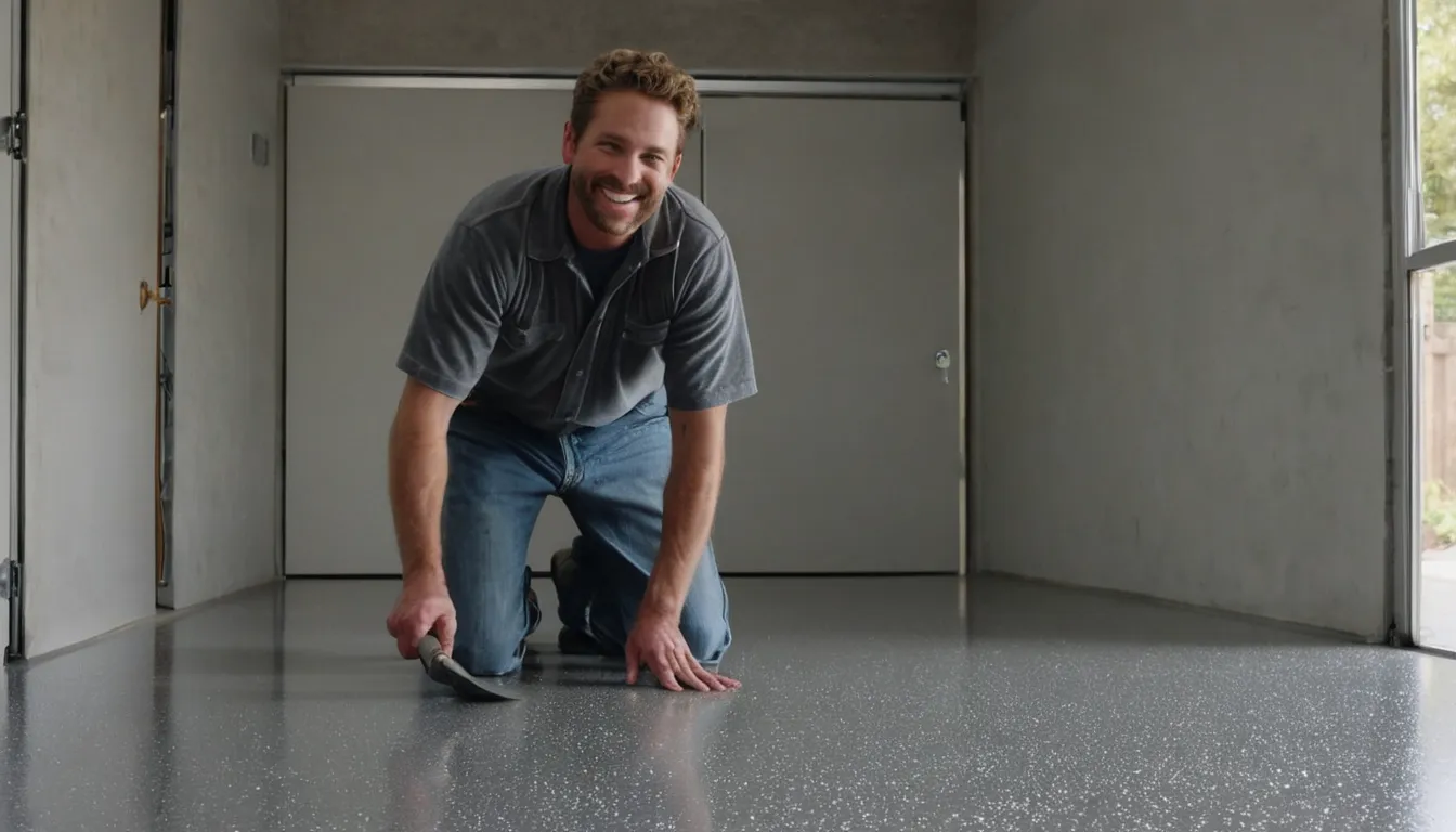 Provider applying a clear polyaspartic top coat on a garage floor in a Danville home
